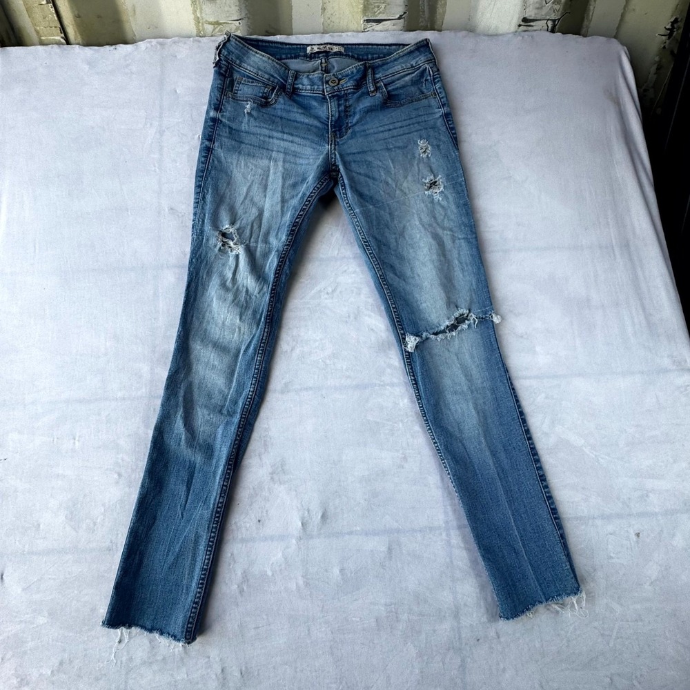 Hollister California Skinny Jeans Womens 5R Blue Medium Wash Raw Hem Distressed